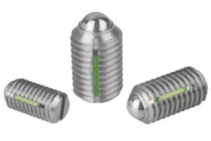 Posicionadores com mola, com fenda e esfera, em aço inoxidável, com trava rosca