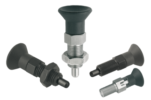 Indexing plungers, steel or stainless steel, with plastic mushroom grip extended indexing pin and load slot