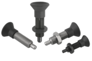 Indexing plungers, steel or stainless steel, without collar, with plastic mushroom grip, extended indexing pin and locknut