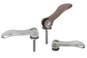 Cam levers, stainless steel with internal or external thread, plastic thrust washer and stainless steel stud