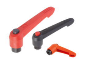 Clamping levers, plastic with female thread and push button, threaded insert black oxidised steel - inch