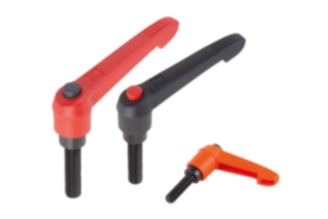 Clamping levers, plastic with external thread and push button, threaded insert black oxidised steel - inch