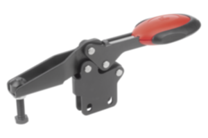 Toggle clamps horizontal with safety interlock with straight foot and adjustable clamping spindle